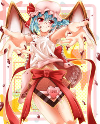 Rule 34 | 1girl, barefoot, bat wings, blue hair, censored, chocolate, colorized, convenient censoring, female focus, goma azarasi, hat, looking at viewer, red eyes, remilia scarlet, short hair, solo, touhou, valentine, wings