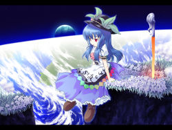 Rule 34 | 1girl, blue hair, earth (planet), female focus, hat, hinanawi tenshi, leaf, paji, red eyes, solo, space, sword, sword of hisou, touhou, weapon