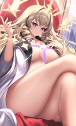 Rule 34 | 1girl, absurdres, blonde hair, blue eyes, blush, breasts, crossed legs, crown (naked king) (nikke), crown (nikke), disembodied hand, drill hair, eiryu33, goddess of victory: nikke, highres, large breasts, long hair, looking at viewer, naked robe, official alternate costume, open clothes, open robe, robe, smile, solo, thick thighs, thighs, white robe