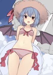 Rule 34 | 1girl, absurdres, bad id, bad twitter id, bat wings, bikini, blue hair, blue sky, bow, bra, breasts, brown eyes, brown hat, cloud, cloudy sky, commentary request, hair between eyes, hat, hat ribbon, highres, holding, innertube, looking at viewer, looking down, navel, open mouth, panties, pink bikini, pink bow, pink bra, pink panties, red ribbon, remilia scarlet, ribbon, ruhika, short hair, sky, small breasts, solo, standing, stomach, swim ring, swimsuit, touhou, umbrella, underwear, unfinished, wings