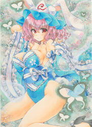 Rule 34 | 1girl, absurdres, animal ears, bare shoulders, black footwear, blue hat, blue leotard, breasts, bug, butterfly, cleavage, closed mouth, commentary, detached sleeves, frilled sleeves, frills, hat, high heels, highres, insect, large breasts, leotard, looking at viewer, marker (medium), mob cap, pink eyes, pink hair, playboy bunny, rabbit ears, rano (u rano), saigyouji yuyuko, short hair, smile, solo, touhou, traditional media, triangular headpiece, wide sleeves