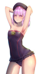 Rule 34 | 1girl, adapted costume, armpits, arms behind head, bare arms, bare shoulders, black hat, black one-piece swimsuit, blush, breasts, cameltoe, casual one-piece swimsuit, cleft of venus, closed mouth, collarbone, contrapposto, covered navel, cowboy shot, earrings, fate/grand order, fate (series), frilled swimsuit, frills, gluteal fold, hat, helena blavatsky (fate), highres, jewelry, looking at viewer, nikuku (kazedesune), nose blush, one-piece swimsuit, shiny skin, short hair, simple background, skin tight, small breasts, smile, solo, standing, stud earrings, swimsuit, white background