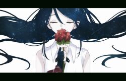 Rule 34 | 1girl, bare shoulders, black gloves, black hair, closed eyes, collared shirt, covering own mouth, double exposure, facing viewer, fingerless gloves, floating hair, flower, gloves, hair between eyes, hair spread out, holding, holding flower, hoshino ichika (project sekai), letterboxed, long hair, project sekai, red flower, ritzchrono, shirt, shooting star, sidelocks, simple background, sleeveless, sleeveless shirt, solo, space, star (sky), upper body, white background, white shirt