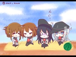 Rule 34 | 10s, 4girls, akatsuki (kancolle), anchor symbol, bad id, bad twitter id, blue eyes, brown hair, closed eyes, commentary request, eating, flat cap, folded ponytail, food, fruit, gradient background, hat, hibiki (kancolle), ikazuchi (kancolle), inazuma (kancolle), kantai collection, letterboxed, long hair, multiple girls, nor nao, o o, pantyhose, purple hair, school uniform, serafuku, short hair, silver hair, thighhighs, translation request, twitter username, watermelon, wavy mouth