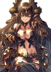 Rule 34 | 1girl, black dress, black hair, breasts, bridal gauntlets, center frills, cleavage, closed mouth, detached collar, detached sleeves, dress, fate/apocrypha, fate/grand order, fate (series), frills, fur trim, gold, hair ornament, heirou, jewelry, large breasts, crossed legs, long dress, navel, necklace, pointy ears, revealing clothes, semiramis (fate), sitting, slit pupils, spikes, thighhighs, thighs, toned, yellow eyes