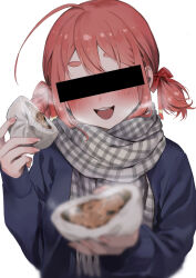 Rule 34 | 1girl, :3, absurdres, ahoge, aruko okara, baozi, bar censor, blue cardigan, blurry, blush, bow, breath, cardigan, censored, depth of field, food, grey scarf, hair between eyes, hair bow, head tilt, highres, holding, holding food, identity censor, incoming food, indie virtual youtuber, low twintails, open mouth, pink hair, plaid, plaid scarf, pov, red bow, scarf, short eyebrows, short hair, short twintails, simple background, sleeves past wrists, smile, solo, steam, swept bangs, thick eyebrows, tokumei radio, twintails, virtual youtuber, white background, yashiro (nsaf2544)