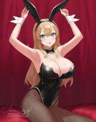 Rule 34 | 1girl, :o, animal ears, armpits, arms up, artist name, black bow, black bowtie, black hairband, black leotard, blonde hair, blue eyes, blue nails, blush, bow, bowtie, breasts, brown pantyhose, claire lamund (nhaliz), cleavage, commentary request, curtains, detached collar, fake animal ears, hairband, highres, large breasts, leotard, long hair, looking at viewer, nail polish, nhaliz, open mouth, original, pantyhose, playboy bunny, rabbit ears, signature, sitting, solo, strapless, strapless leotard, wrist cuffs