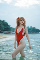 Rule 34 | 1girl, beach, blue eyes, breasts, brown hair, cosplay, freckles, highres, lifeguard, long hair, looking to the side, neon genesis evangelion, one-piece swimsuit, outdoors, partially submerged, photo (medium), real life, shirogane-sama, small breasts, solo, souryuu asuka langley, swimsuit, very long hair, walking, water, whistle, wig