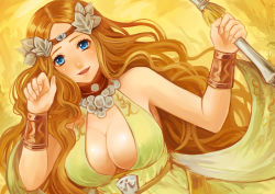 Rule 34 | 10s, 1girl, blue eyes, bracer, breasts, circlet, cleavage, collar, curly hair, dress, final fantasy, final fantasy xiv, hair ornament, large breasts, mozuyun, nophica, paw pose, smile, solo, staff