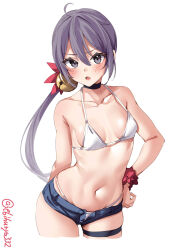 Rule 34 | 1girl, ahoge, akebono (kancolle), akebono kai ni (kancolle), bare shoulders, bell, bikini, bikini under shorts, black choker, blue shorts, blush, breasts, choker, collarbone, cropped legs, ebifurya, hair bell, hair between eyes, hair ornament, hand on own hip, highres, kantai collection, leaning to the side, long hair, looking at viewer, navel, one-hour drawing challenge, open fly, open mouth, purple eyes, purple hair, red scrunchie, scrunchie, short shorts, shorts, side ponytail, simple background, small breasts, solo, stomach, strap gap, swimsuit, thigh strap, twitter username, white background, white bikini, wrist scrunchie