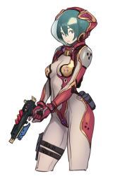 Rule 34 | 1girl, bodysuit, breasts, closed mouth, contrapposto, covered navel, cropped legs, from side, green hair, gun, hair between eyes, helmet, holding, holding gun, holding weapon, houtengeki, looking at viewer, looking to the side, medium breasts, multicolored bodysuit, multicolored clothes, original, science fiction, short hair, simple background, solo, standing, trigger discipline, v arms, weapon, white background