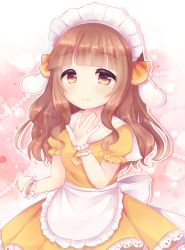 Rule 34 | 1girl, animal ears, apron, blush, breasts, brown eyes, brown hair, caramel (caramelmilk), closed mouth, commentary request, floppy ears, frilled apron, frills, hair ribbon, hand up, long hair, looking at viewer, maid, maid headdress, orange neckwear, orange ribbon, original, pleated skirt, puffy short sleeves, puffy sleeves, rabbit ears, ribbon, sailor collar, shirt, short sleeves, skirt, small breasts, smile, solo, waist apron, white apron, white sailor collar, wrist cuffs, yellow shirt, yellow skirt