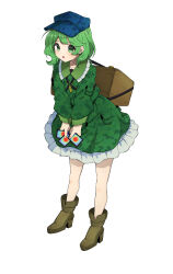 Rule 34 | 1girl, ability card (touhou), absurdres, blue hat, boots, box, brown footwear, camouflage, camouflage dress, camouflage headwear, camouflage jacket, card, commentary, dress, flat cap, full body, green dress, green eyes, green hair, hat, high heel boots, high heels, highres, holding, holding card, jacket, key, long sleeves, looking at viewer, open mouth, pocket, revision, short hair, simple background, solo, standing, touhou, white background, yamashiro takane, yugiri (yugiri picture)
