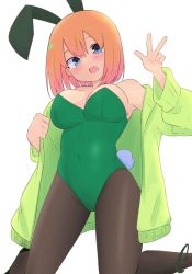 Rule 34 | 1girl, :d, animal ears, bare shoulders, black footwear, black pantyhose, blue eyes, blush, breasts, commentary, covered navel, eyebrows hidden by hair, fake animal ears, feet out of frame, go-toubun no hanayome, green jacket, green leotard, hair between eyes, hands up, highres, jacket, kneeling, kujou karasuma, large breasts, leotard, long sleeves, looking at viewer, nakano yotsuba, off shoulder, open clothes, open jacket, open mouth, orange hair, pantyhose, playboy bunny, puffy long sleeves, puffy sleeves, rabbit ears, rabbit tail, shoes, signature, simple background, smile, solo, strapless, strapless leotard, symbol-only commentary, tail, v, white background