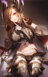 Rule 34 | 1girl, black shorts, black thighhighs, blush, brown eyes, brown hair, finger to mouth, genyaky, granblue fantasy, hair ornament, hand up, highres, long hair, long sleeves, looking at viewer, navel, open mouth, shorts, shushing, signature, solo, thighhighs, thighs, tweyen (granblue fantasy)