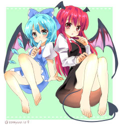 Rule 34 | 2girls, artist name, barefoot, bat wings, black skirt, black vest, blue bow, blue eyes, blue hair, blush, border, bow, breasts, cirno, convenient censoring, convenient leg, demon tail, finger to own chin, flat chest, food, food in mouth, full body, hair between eyes, hair bow, hand up, head wings, highres, holding, holding food, ice, ice wings, juliet sleeves, koakuma, long hair, long sleeves, looking at viewer, medium breasts, multiple girls, necktie, open mouth, outside border, pink eyes, popsicle, popsicle in mouth, puffy short sleeves, puffy sleeves, ramudia (lamyun), red hair, red necktie, short hair, short sleeves, skirt, tail, toes, touhou, vest, white border, wing collar, wings