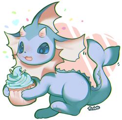 Rule 34 | creatures (company), cupcake, fang, fins, fish tail, food, foxlett, freckles, game freak, gen 1 pokemon, holding, looking down, nintendo, no humans, open mouth, pokemon, pokemon (creature), smile, tail, vaporeon