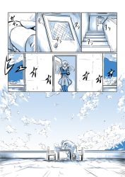 Rule 34 | 10s, 1boy, 1girl, admiral (kancolle), blue theme, chitose (kancolle), cloud, cloudy sky, comic, day, headband, kantai collection, kobamiso (kobalt), monochrome, opening door, sky, stairs, wind