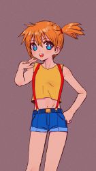 Rule 34 | 1girl, armpits, asymmetrical hair, blue eyes, blue shorts, blush, creatures (company), denim, denim shorts, game freak, gen 1 pokemon, highres, holding, misty (pokemon), nintendo, pokemon, pokemon (anime), pokemon (classic anime), ponytail, shirt, short hair, short shorts, shorts, side ponytail, solo, suspender shorts, suspenders, tank top, yellow shirt