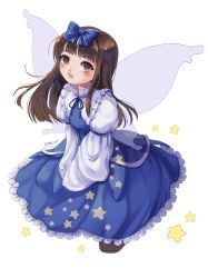 Rule 34 | 1girl, :d, absurdres, artist name, blue dress, blush, bow, brown eyes, brown hair, dress, fairy wings, from above, full body, hair bow, highres, long hair, long sleeves, looking at viewer, open mouth, puffy sleeves, shianebulae, shirt, shoes, simple background, sleeves past fingers, sleeves past wrists, smile, solo, star (symbol), star print, star sapphire, starry background, touhou, white background, wings