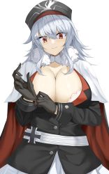 Rule 34 | 1girl, absurdres, azur lane, black cape, black gloves, black hat, black jacket, bra, bra peek, breasts, calligraphy brush (medium), cape, capelet, cleavage, cross, gloves, goma., graf zeppelin (azur lane), hair between eyes, hat, highres, iron cross, jacket, lace, lace-trimmed bra, lace trim, large breasts, long hair, looking at viewer, miniskirt, peaked cap, pen, pleated skirt, red cape, red eyes, simple background, skirt, solo, two-tone cape, underwear, white background, white bra, white capelet, white hair, white skirt