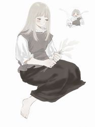 Rule 34 | 1girl, afterimage, aged down, animal, barefoot, black skirt, blush, cat, cattail, chibi, child, closed eyes, dungeon meshi, facing viewer, falin touden, frs2, full body, grey hair, highres, holding, invisible chair, long hair, multiple views, plant, playing, shirt, short hair, sitting, skirt, sleeves past elbows, smile, vest, waving arm, white shirt