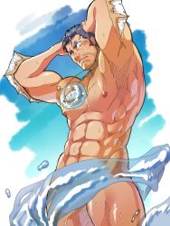 Rule 34 | 1boy, abs, bara, blue eyes, cowboy shot, darlton, facial hair, fins, large pectorals, male focus, manly, muscular, navel, nipples, nude, pectorals, short hair, sideburns, solo, stubble, thick thighs, thighs, tokyo houkago summoners, triton (housamo), water, water censor