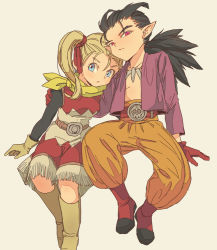 Rule 34 | 1boy, 1girl, bad id, bad pixiv id, black hair, blonde hair, blue eyes, boots, brown footwear, brown gloves, closed mouth, dragon quest, dragon quest builders 2, dress, female builder (dqb2), fringe trim, full body, gloves, hair ribbon, hand on another&#039;s shoulder, invisible chair, knee boots, long hair, looking at viewer, miyama (kannsannn), orange pants, pants, pointy ears, ponytail, purple shirt, red eyes, red footwear, red gloves, red ribbon, ribbon, shirt, shoes, side ponytail, sidoh (dqb2), simple background, sitting, skull belt, spiked hair, square enix, white background