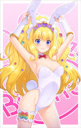 Rule 34 | 1girl, animal ears, armpits, arms up, blonde hair, blue eyes, blunt bangs, blush, bow, bowtie, breasts, cleavage, cure finale, delicious party precure, detached collar, elbow gloves, gloves, highres, kazuma muramasa, leotard, long hair, looking at viewer, medium breasts, playboy bunny, precure, rabbit ears, solo, thigh strap, white gloves