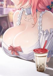 Rule 34 | 1girl, azur lane, bare shoulders, breast rest, breasts, bubble tea, cleavage, collar, crossed arms, detached sleeves, hair ribbon, large breasts, long hair, looking to the side, neck ruff, official alternate costume, ootani nonno, pink hair, princeton (azur lane), princeton (lolipop paradise) (azur lane), ribbon, sitting, solo