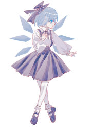 Rule 34 | 1girl, \||/, absurdres, adapted costume, ankle socks, blue bow, blue eyes, blue hair, blue ribbon, blue skirt, bobby socks, bow, child, chinese commentary, cirno, collared shirt, commentary request, crossed legs, frilled socks, frills, full body, hair bow, hand on own chest, highres, ice, ice wings, long sleeves, looking to the side, mary janes, neck ribbon, pantyhose, profile, puffy long sleeves, puffy sleeves, ribbon, shirt, shocho (shaojiujiu), shoes, short hair, simple background, skirt, socks, socks over pantyhose, solo, suspenders, touhou, watson cross, white background, white pantyhose, white shirt, white socks, wings