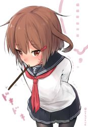 Rule 34 | 1girl, anchor symbol, arms behind back, black skirt, blush, brown eyes, brown hair, cowboy shot, dx (dekusu), embarrassed, food, food in mouth, from above, hair ornament, hairclip, ikazuchi (kancolle), kantai collection, leaning forward, long sleeves, looking at viewer, looking up, miniskirt, mouth hold, neckerchief, nose blush, pantyhose, pocky, red neckerchief, shirt, skirt, solo, standing, sweat, thought bubble, twitter username, white background, white shirt