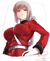 Rule 34 | 1girl, belt, between breasts, braid, breasts, fate/grand order, fate (series), florence nightingale (fate), from below, hand on own hip, highres, isshiki (ffmania7), large breasts, long hair, long sleeves, looking at viewer, looking down, military, military uniform, pink hair, red eyes, solo, twitter username, uniform, upper body