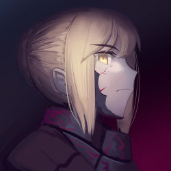 Rule 34 | 1girl, armor, artoria pendragon (all), artoria pendragon (fate), blonde hair, boa (brianoa), braid, braided bun, closed mouth, fate/stay night, fate (series), from side, hair bun, highres, looking at viewer, looking to the side, pale skin, portrait, profile, red background, saber alter, sideways glance, solo, yellow eyes
