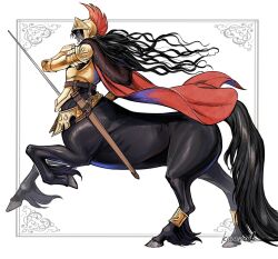 Rule 34 | 1boy, anklet, armor, artist name, belt, black hair, black skin, border, cape, centaur, closed mouth, colored skin, faulds, floating cape, floating hair, from side, full body, gauntlets, gold armor, hand up, helmet, jewelry, karana cat, long hair, looking at viewer, male focus, original, ornate border, outside border, pauldrons, plate armor, plume, profile, rearing, red cape, scabbard, sheath, shoulder armor, sideways glance, solo, taur, unsheathed, wavy hair