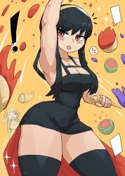 Rule 34 | !, 2girls, absurdres, bandana, black dress, black hair, black thighhighs, blush, braid, breasts, cleavage, closed eyes, collarbone, corny (tony welt), dagger, dress, farmer, food, food-themed clothes, fruit, hairband, hat, highres, holding, holding weapon, knife, large breasts, long hair, looking at viewer, multiple girls, open mouth, original, personification, red eyes, red hair, short hair, short hair with long locks, sidelocks, slashing, sleeveless, sleeveless dress, slicing, smile, sparkle, speech bubble, spy x family, standing, stiletto (weapon), thick thighs, thighhighs, thighs, thumbs up, tony welt, twin braids, watermelon, weapon, wide hips, yellow background, yellow hat, yellow overalls, yor briar