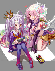 Rule 34 | 2girls, :3, angel, angel wings, asymmetrical legwear, blue hair, blue thighhighs, blush, breasts, closed mouth, commentary, spiked halo, crop top, crown, drooling, elbow gloves, feathered wings, game console, gloves, gradient hair, halo, heart, highres, jibril (no game no life), large breasts, long hair, low wings, magic circle, messy hair, midriff, mismatched legwear, mouth drool, multicolored eyes, multicolored hair, multiple girls, no game no life, open mouth, pink eyes, pink hair, school uniform, serafuku, shino (eefy), shiro (no game no life), sideboob, sitting, smile, tattoo, thighhighs, toy car, very long hair, white wings, wing ears, wings, yellow eyes