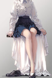 Rule 34 | 1girl, black footwear, blue skirt, breasts, collared shirt, frilled shirt, frills, gradient background, grey background, hand on table, head out of frame, high-waist skirt, highres, inaeda kei, loafers, medium breasts, no socks, original, pleated skirt, shirt, shirt tucked in, shoes, single shoe, sitting, sitting on table, skirt, solo, tablecloth, white shirt