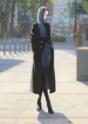 Rule 34 | 1girl, absurdres, blue hair, blurry, blurry background, boots, commentary, denim, hair over one eye, hands in pockets, hara kenshi, highres, jeans, kimishima touka, long coat, long hair, original, outdoors, pants, solo, thigh boots, yellow eyes