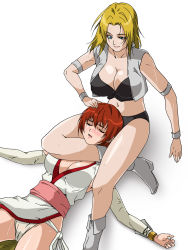 Rule 34 | 2girls, a-ru (dn1217), aqua eyes, blonde hair, blush, boots, breasts, cleavage, dead or alive, defeat, fighting, humiliation, kasumi (doa), large breasts, multiple girls, ninja, no bra, pain, ryona, submission, sweat, tecmo, tina armstrong, unconscious, wrestling, wrestling outfit