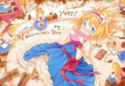 Rule 34 | 1girl, ai ai gasa, alice margatroid, alternate hairstyle, apron, blonde hair, blue dress, blue eyes, boots, bow, box, capelet, chocolate, colored eyelashes, cross-laced footwear, curly hair, doll, dress, embarrassed, english text, female focus, flower, fred04142, frilled skirt, frills, gift, gift box, hair bow, hair flower, hair ornament, hairband, happy valentine, heart, highres, holding, long hair, looking at viewer, looking back, lying, mattress, on back, open mouth, ponytail, red ribbon, ribbon, sash, shanghai doll, short hair, shy, sitting, skirt, solo, sword, touhou, twintails, valentine, waist apron, weapon, wrist cuffs, yellow ribbon