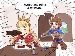 Rule 34 | 1boy, 1girl, ange (angeban93), arm guards, armor, blonde hair, blush, brown eyes, brown hair, cagliostro (granblue fantasy), coffee, coffee mug, commentary, commission, cup, door, english commentary, english text, gran (granblue fantasy), granblue fantasy, hairband, long hair, looking at another, mug, mug writing, open door, open mouth, short hair, smile, spit take, spitting, surprised, table, tiara, vial, white eyes, wooden door
