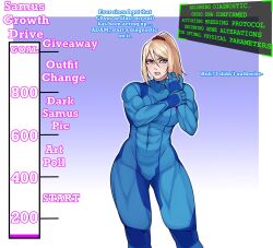 Rule 34 | 1girl, abs, blue eyes, bodysuit, breasts, covered navel, english text, female focus, gradient background, grin, highres, large breasts, looking to the side, meme, metroid, mole, mole under mouth, muscular, muscular female, navel, nintendo, ponytail, purple background, samus aran, skin tight, smile, solo, standing, strongmoist, thick thighs, thighs, white background