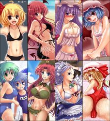 Rule 34 | 6+girls, adapted costume, ass, asymmetrical hair, bespectacled, bikini, blonde hair, blue eyes, blue hair, blush, braid, breasts, cameltoe, cirno, cleavage, covered erect nipples, crescent, daiyousei, embodiment of scarlet devil, everyone, fang, flandre scarlet, forehead, front-tie top, glasses, green eyes, green hair, hair ribbon, hat, head wings, highres, hong meiling, huge breasts, ice, izayoi sakuya, koakuma, kurowana, large breasts, long hair, looking back, maid, maid headdress, midriff, multiple girls, naughty face, navel, one-piece swimsuit, open clothes, outstretched arms, patchouli knowledge, pointy ears, purple eyes, purple hair, red eyes, red hair, remilia scarlet, ribbon, rumia, school swimsuit, shirt, short hair, side-tie bikini bottom, side ponytail, sideboob, smile, star (symbol), swimsuit, taut clothes, taut shirt, tongue, tongue out, touhou, trefoil, wet, wings