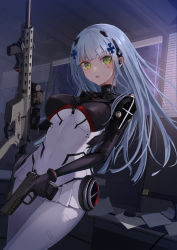 Rule 34 | 1girl, assault rifle, blush, breasts, covered navel, girls&#039; frontline, green eyes, gun, h&amp;k hk416, h&amp;k hk45, hair ornament, handgun, highres, hk416 (girls&#039; frontline), hk416 (midnight evangelion) (girls&#039; frontline), holding, holding gun, holding weapon, indoors, large breasts, long hair, looking at viewer, monitor, official alternate costume, parted lips, pistol, rifle, shumeia, silver hair, solo, teardrop facial mark, trigger discipline, weapon