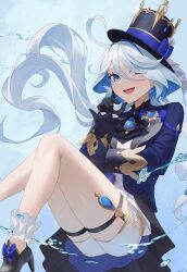 Rule 34 | 1girl, :d, ahoge, bare legs, black footwear, black gloves, blue background, blue eyes, blue hair, blue hat, blue jacket, colored inner hair, commentary request, furina (genshin impact), genshin impact, gloves, gomashiwo o, hat, high heels, highres, jacket, long hair, long sleeves, looking at viewer, multicolored hair, open mouth, partial commentary, short shorts, shorts, smile, solo, thigh strap, thighs, top hat, very long hair, white shorts