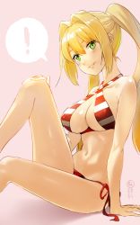 Rule 34 | 1girl, ?, arm support, bikini, blonde hair, breasts, covered erect nipples, fate/grand order, fate (series), green eyes, hair intakes, halterneck, large breasts, long hair, looking at viewer, navel, nero claudius (fate), nero claudius (fate) (all), nero claudius (swimsuit caster) (fate), parted lips, rushi (bloodc), side-tie bikini bottom, sitting, smile, solo, spoken question mark, striped bikini, striped clothes, swimsuit, twintails