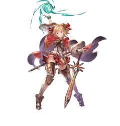 Rule 34 | &gt;:), armor, blonde hair, boots, bracelet, breastplate, brown hair, cape, djeeta (granblue fantasy), full body, granblue fantasy, hair ornament, hair ribbon, hand up, jewelry, knee pads, magic, minaba hideo, official art, red cape, red skirt, ribbon, runeslayer (granblue fantasy), saber (weapon), short hair, skirt, smile, sword, thigh boots, thighhighs, transparent background, weapon, wide sleeves, wind, zettai ryouiki