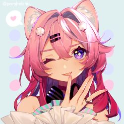 Rule 34 | 1girl, ;p, animal ear fluff, animal ears, bad id, bad pixiv id, black bow, blue background, blush, bow, commentary, fingernails, hair between eyes, hair ornament, hairclip, hand up, head tilt, heart, jewelry, long hair, long sleeves, looking at viewer, lowres, one eye closed, original, prophet chu, purple eyes, red hair, ring, sleeves past wrists, solo, spoken heart, striped, striped bow, symbol-only commentary, tongue, tongue out, twitter username, upper body