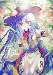 Rule 34 | 1girl, apron, black hat, blue hair, blue skirt, bow, bowtie, center frills, closed mouth, commentary request, cowboy shot, food, frills, fruit, fruit hat ornament, hand up, hat, hat leaf, here (hr rz ggg), highres, hinanawi tenshi, leaf, long hair, looking at viewer, peach, peach hat ornament, rainbow order, red bow, red bowtie, red eyes, shirt, short sleeves, skirt, skirt hold, smile, solo, touhou, very long hair, white apron, white shirt